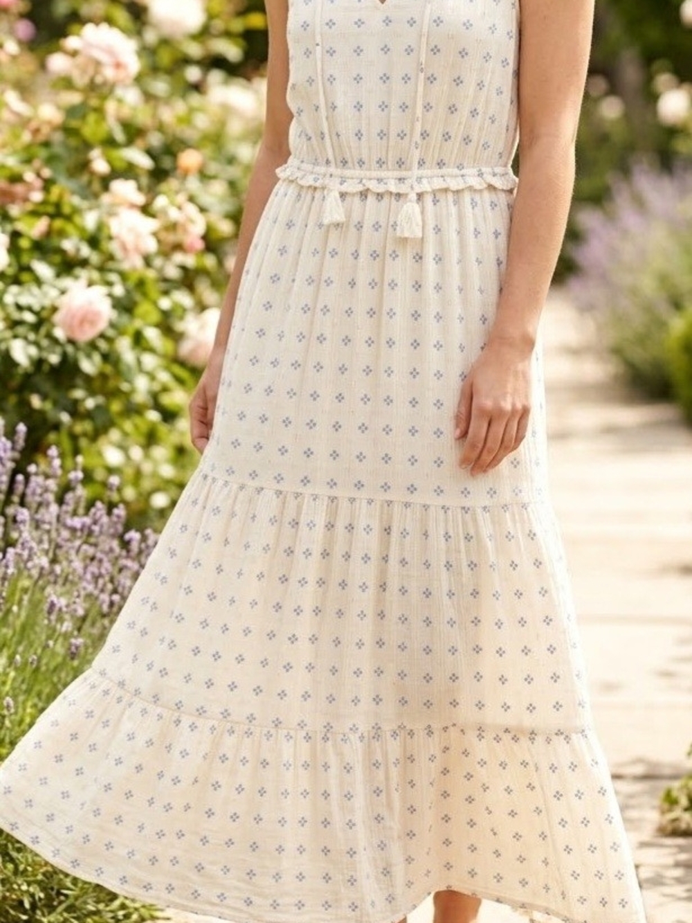 Angels Cream Maxi Dress with Light Blue Floral Print